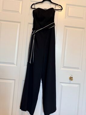 H&M Black Strapless Wide-Leg Jumpsuit with White Trim Belt